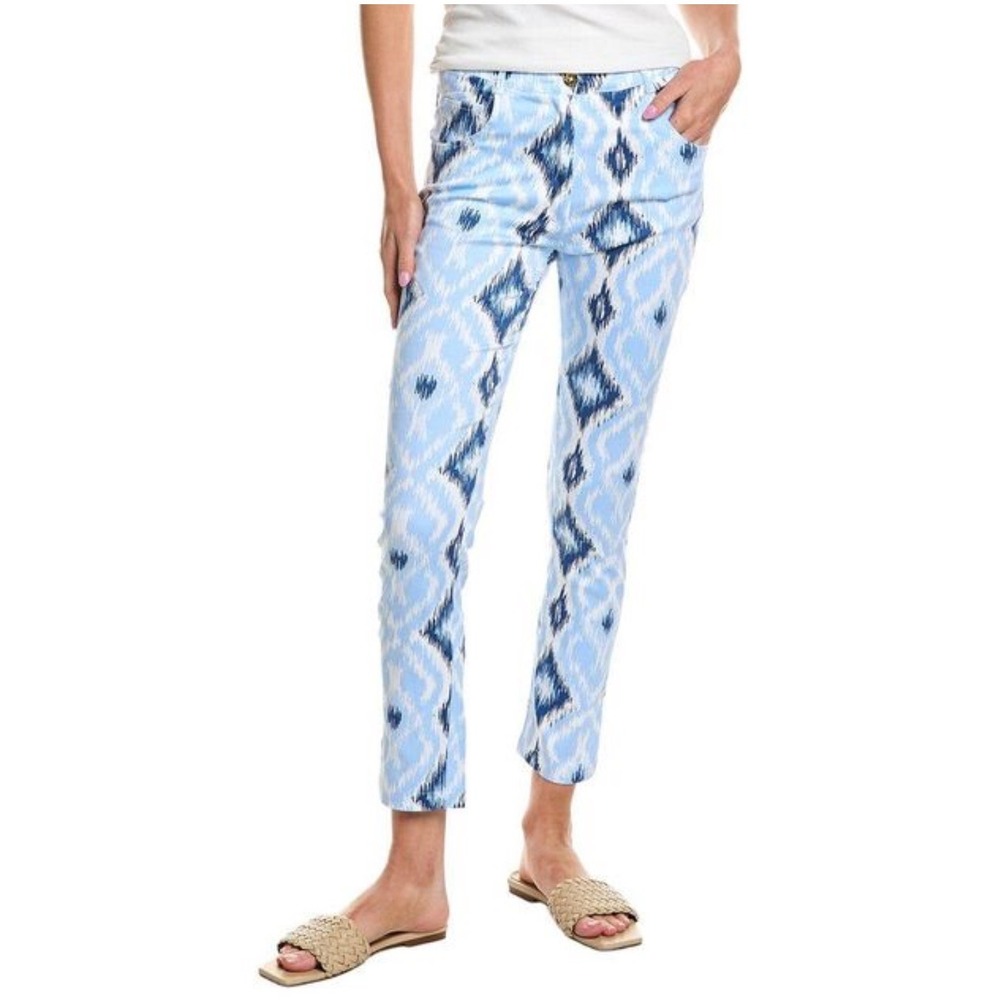 Gretchen Scott Gripeless Blue Kitt Ikat Pants Women L White Preppy Coastal